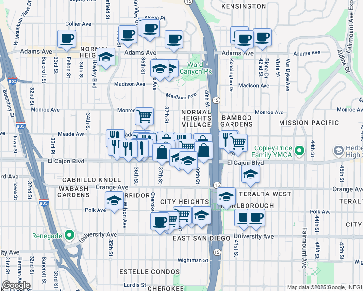 map of restaurants, bars, coffee shops, grocery stores, and more near 4393 McClintock Street in San Diego