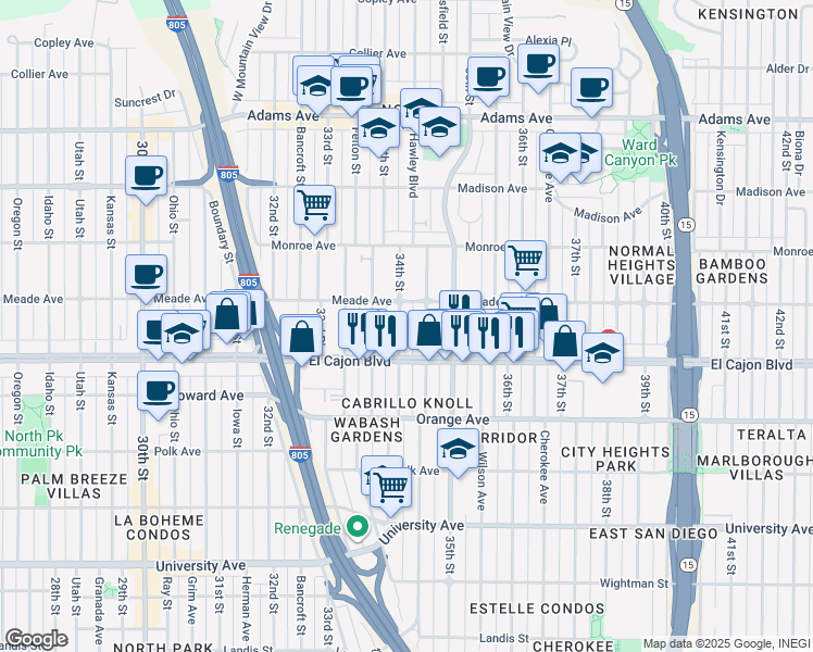 map of restaurants, bars, coffee shops, grocery stores, and more near 3403 Meade Avenue in San Diego
