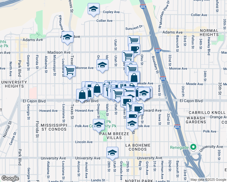 map of restaurants, bars, coffee shops, grocery stores, and more near 4383 Idaho Street in San Diego
