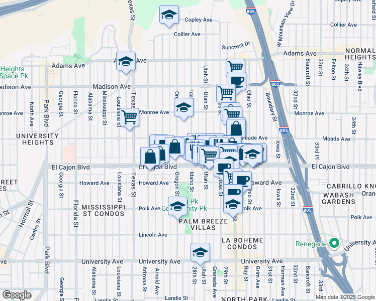 map of restaurants, bars, coffee shops, grocery stores, and more near 4383 Idaho Street in San Diego