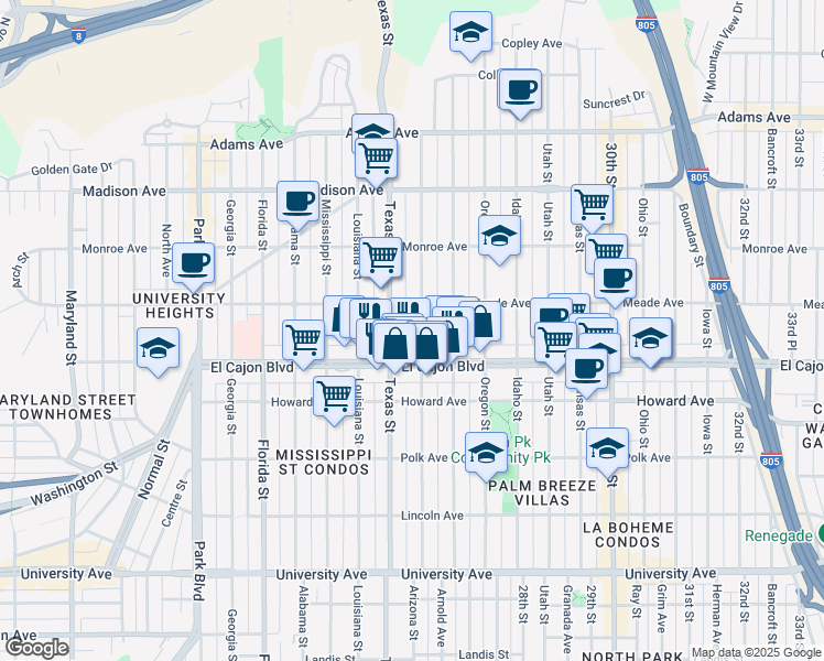 map of restaurants, bars, coffee shops, grocery stores, and more near 4390 Arizona Street in San Diego
