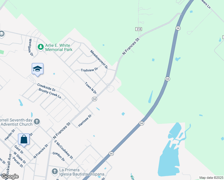 map of restaurants, bars, coffee shops, grocery stores, and more near 1910 North Frances Street in Terrell
