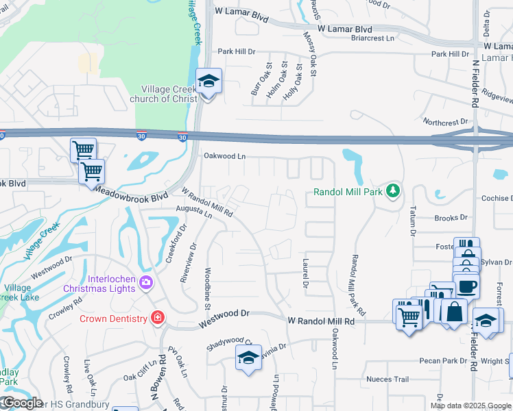 map of restaurants, bars, coffee shops, grocery stores, and more near 2645 West Randol Mill Road in Arlington