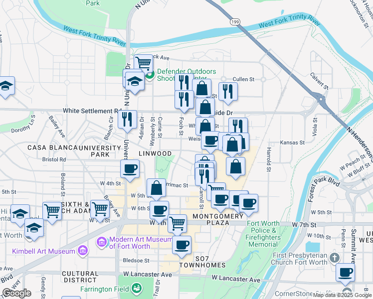 map of restaurants, bars, coffee shops, grocery stores, and more near 2729 Weisenberger Street in Fort Worth