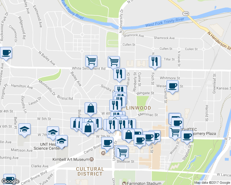 map of restaurants, bars, coffee shops, grocery stores, and more near 3121 Sondra Drive in Fort Worth