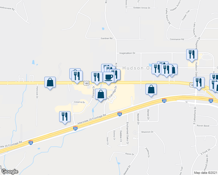 map of restaurants, bars, coffee shops, grocery stores, and more near 2970 Fort Worth Highway in Hudson Oaks