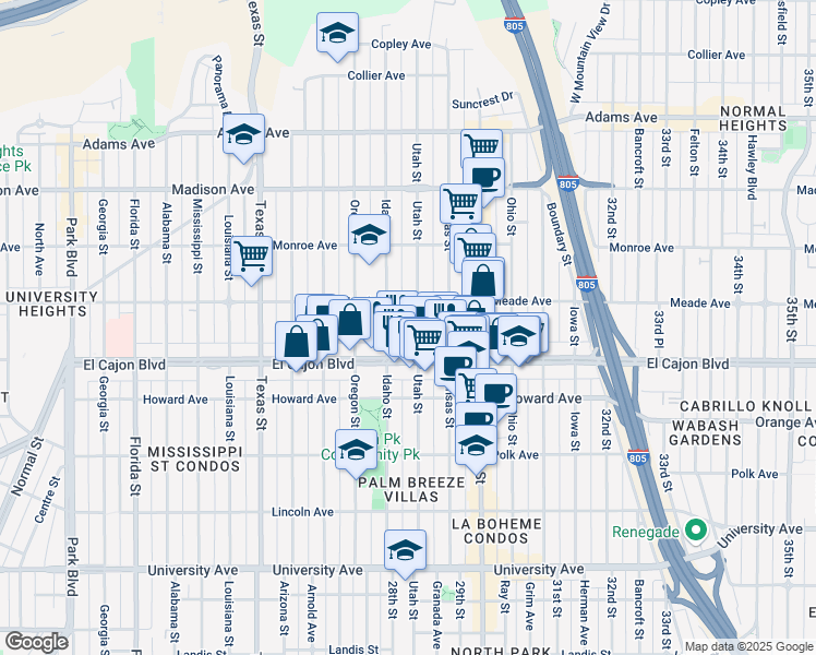 map of restaurants, bars, coffee shops, grocery stores, and more near 4354 Utah Street in San Diego