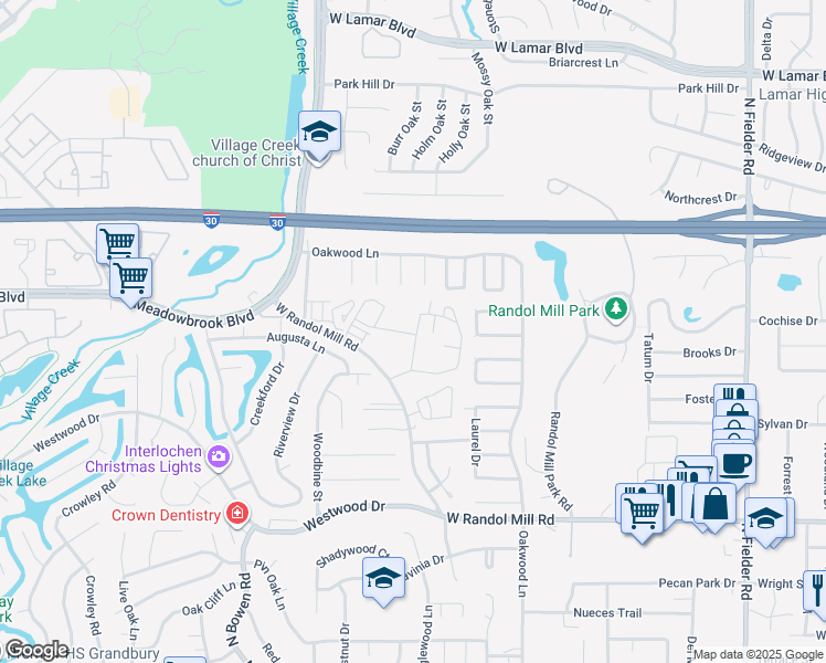 map of restaurants, bars, coffee shops, grocery stores, and more near 2601 West Randol Mill Road in Arlington