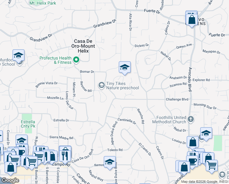 map of restaurants, bars, coffee shops, grocery stores, and more near 4221 Vista Way in La Mesa