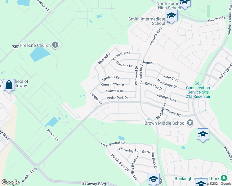 map of restaurants, bars, coffee shops, grocery stores, and more near 2030 Fairview Drive in Forney
