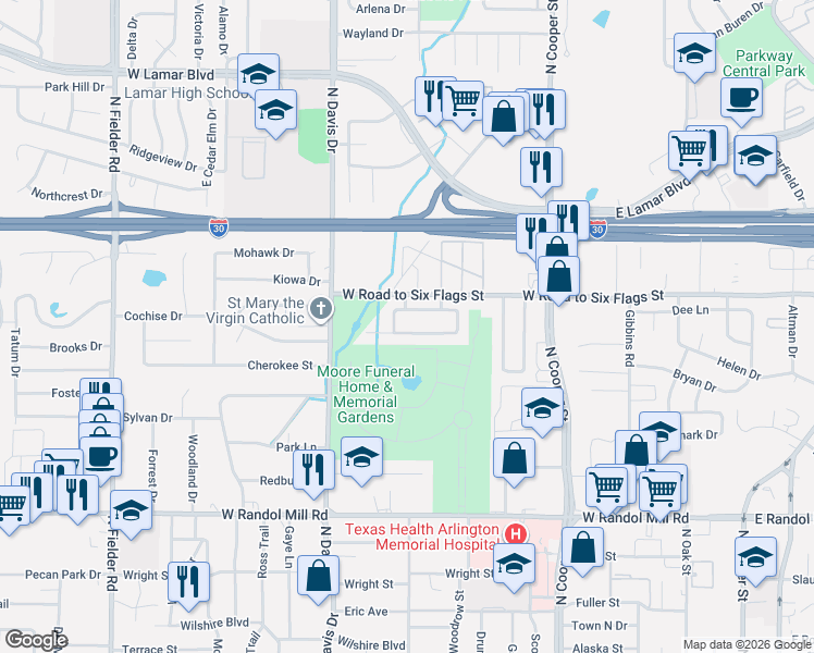 map of restaurants, bars, coffee shops, grocery stores, and more near 1031 Shortleaf Pine Drive in Arlington