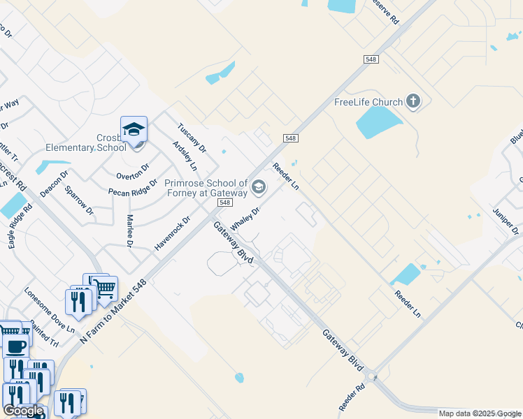 map of restaurants, bars, coffee shops, grocery stores, and more near 13402-13850 Farm to Market 548 in Forney