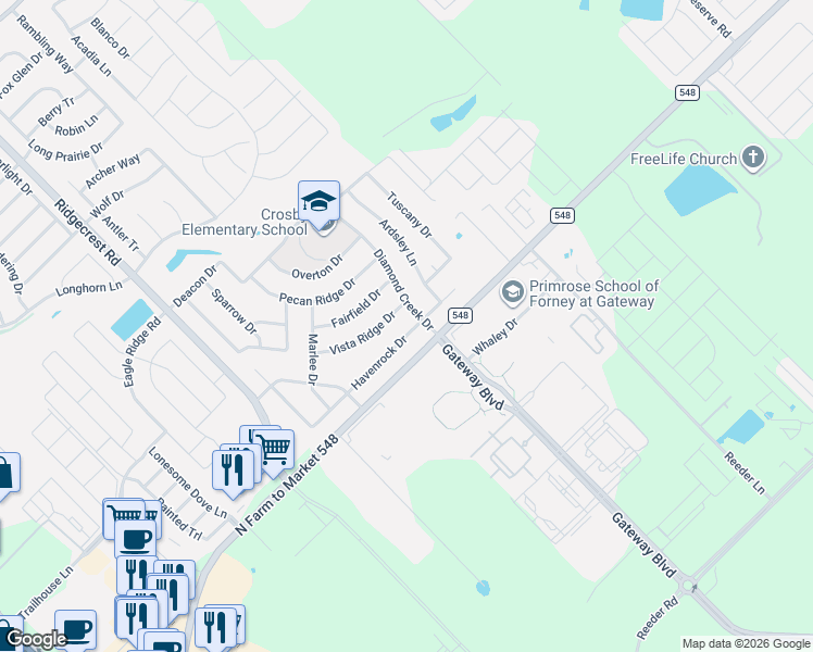 map of restaurants, bars, coffee shops, grocery stores, and more near 630 Diamond Creek Drive in Forney