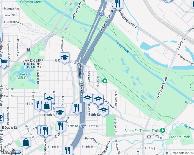 map of restaurants, bars, coffee shops, grocery stores, and more near 1118 Comal Street in Dallas