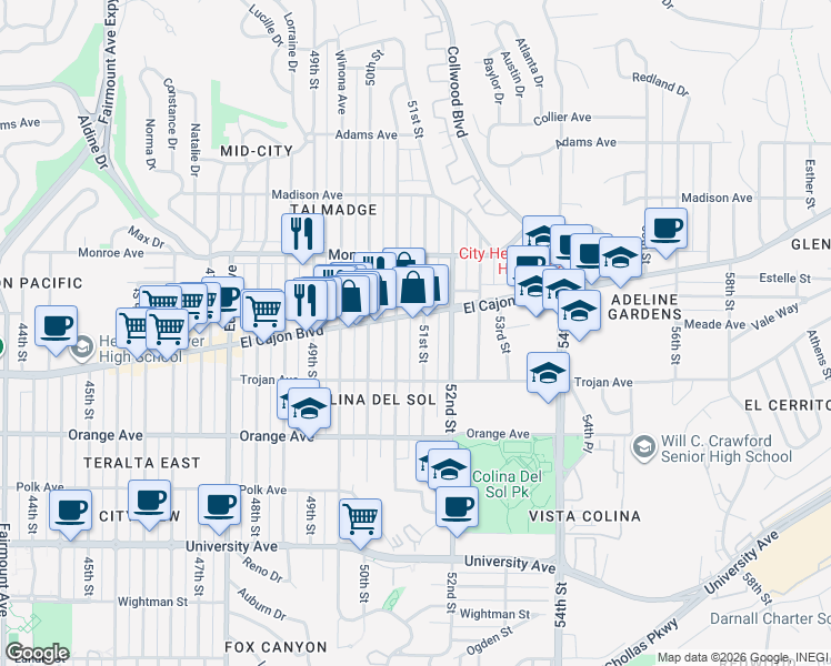 map of restaurants, bars, coffee shops, grocery stores, and more near 4366 51st Street in San Diego