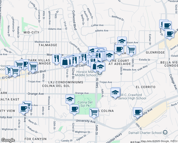 map of restaurants, bars, coffee shops, grocery stores, and more near 5316 Meade Avenue in San Diego