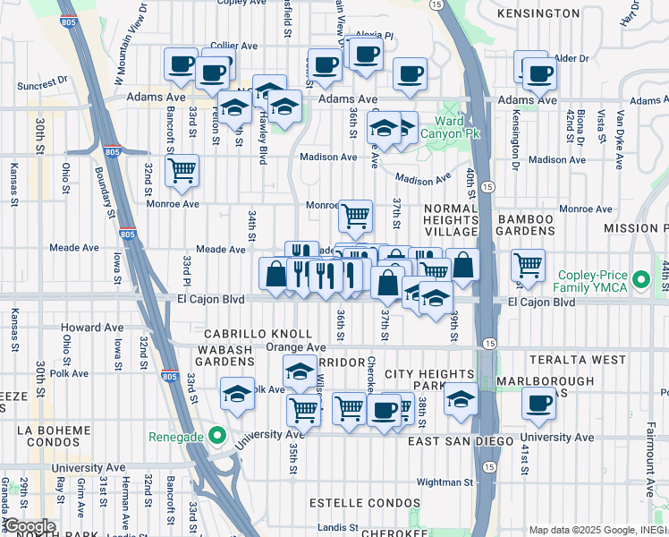 map of restaurants, bars, coffee shops, grocery stores, and more near in San Diego