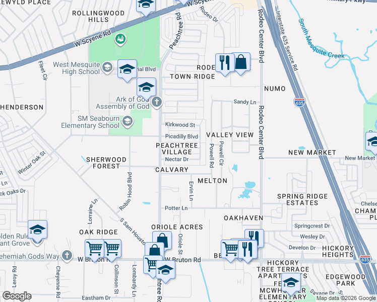 map of restaurants, bars, coffee shops, grocery stores, and more near 2017 Norcross Drive in Mesquite