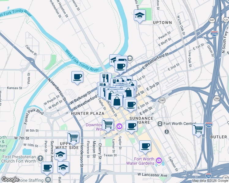 map of restaurants, bars, coffee shops, grocery stores, and more near in Fort Worth