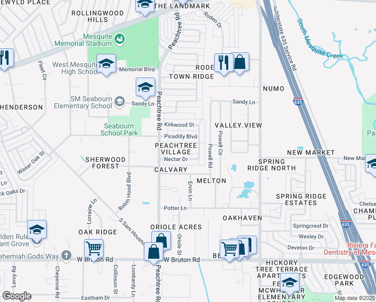 map of restaurants, bars, coffee shops, grocery stores, and more near 2024 Norcross Drive in Mesquite