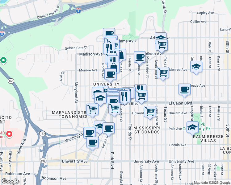 map of restaurants, bars, coffee shops, grocery stores, and more near 4353 Park Boulevard in San Diego