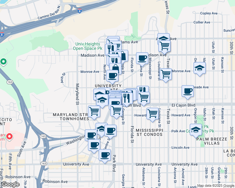 map of restaurants, bars, coffee shops, grocery stores, and more near 1825 Meade Avenue in San Diego