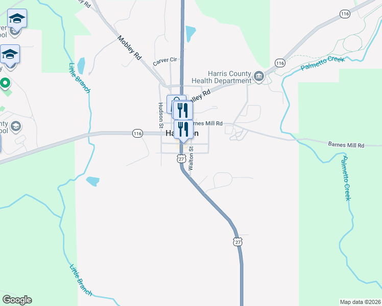 map of restaurants, bars, coffee shops, grocery stores, and more near 132 South College Street in Hamilton