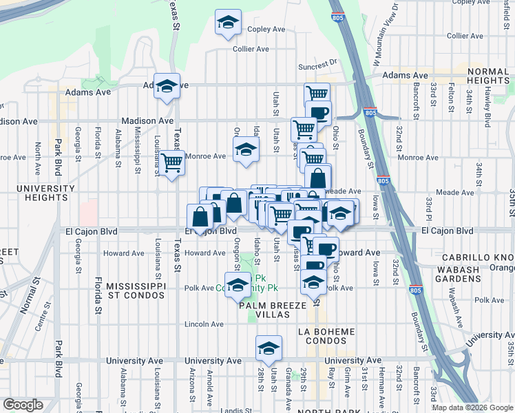 map of restaurants, bars, coffee shops, grocery stores, and more near 4383 Idaho Street in San Diego