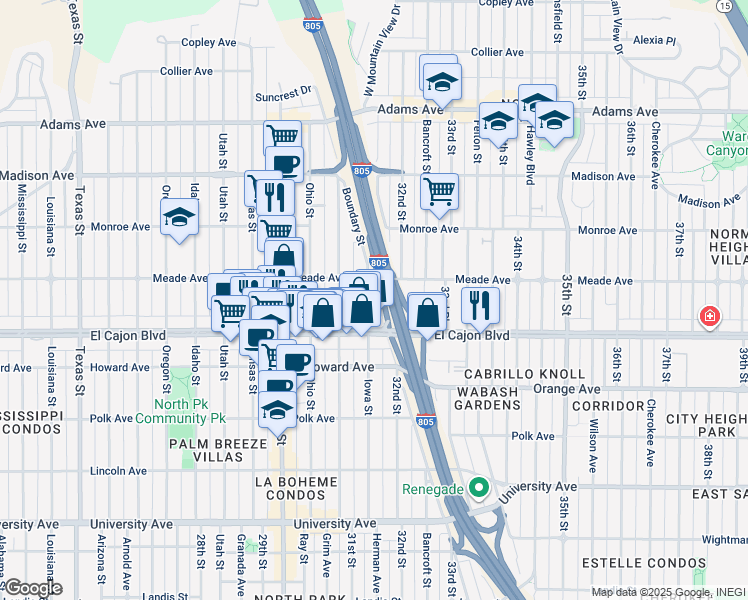 map of restaurants, bars, coffee shops, grocery stores, and more near 4386 Iowa Street in San Diego