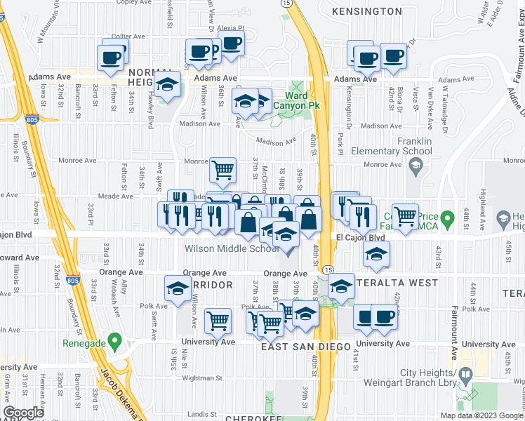 map of restaurants, bars, coffee shops, grocery stores, and more near 4356 Mcclintock St in San Diego