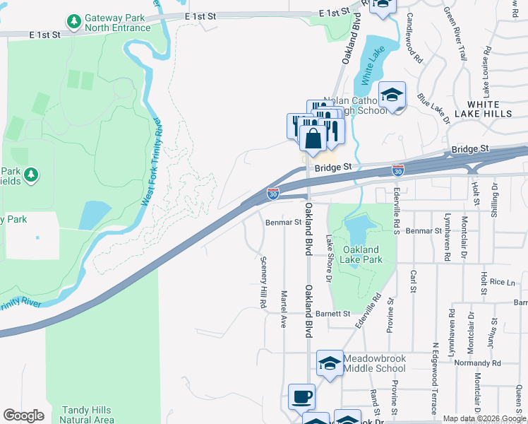 map of restaurants, bars, coffee shops, grocery stores, and more near 4050 Menzer Road in Fort Worth