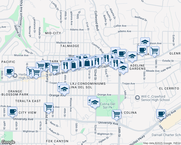 map of restaurants, bars, coffee shops, grocery stores, and more near in San Diego