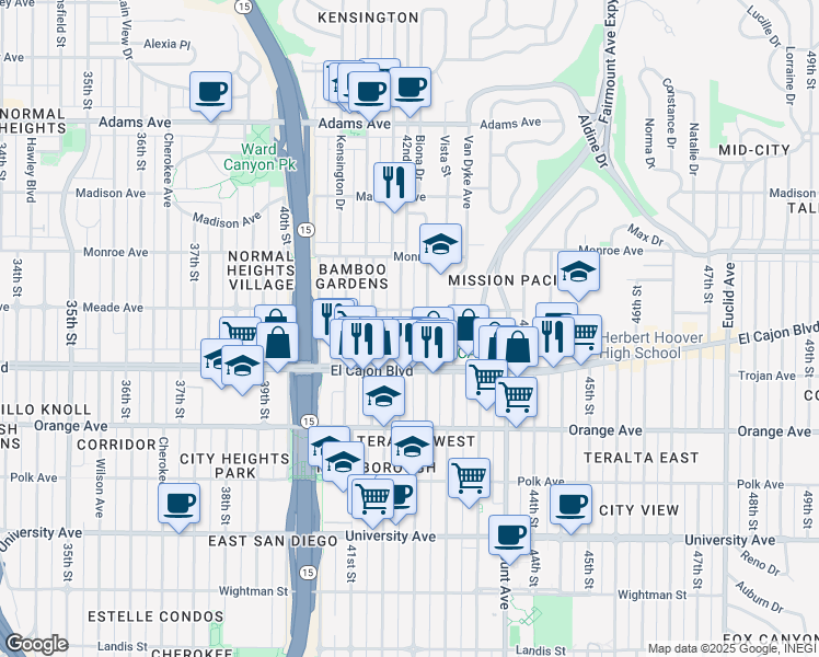 map of restaurants, bars, coffee shops, grocery stores, and more near 4395 42nd Street in San Diego