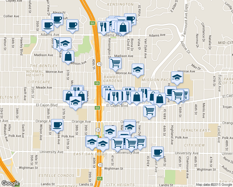map of restaurants, bars, coffee shops, grocery stores, and more near 4357 Marlborough Avenue in San Diego