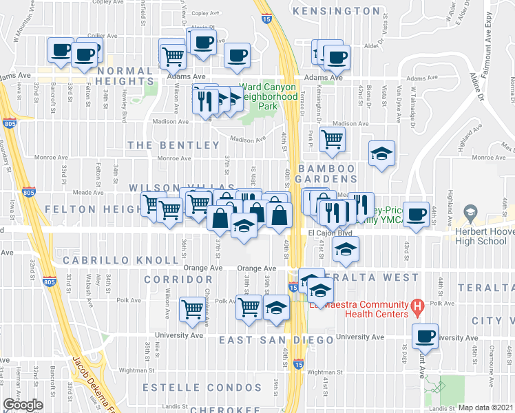 map of restaurants, bars, coffee shops, grocery stores, and more near 3815 Meade Avenue in San Diego