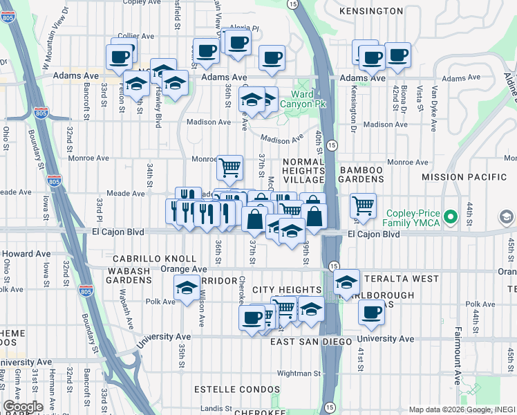 map of restaurants, bars, coffee shops, grocery stores, and more near 3683 Meade Avenue in San Diego