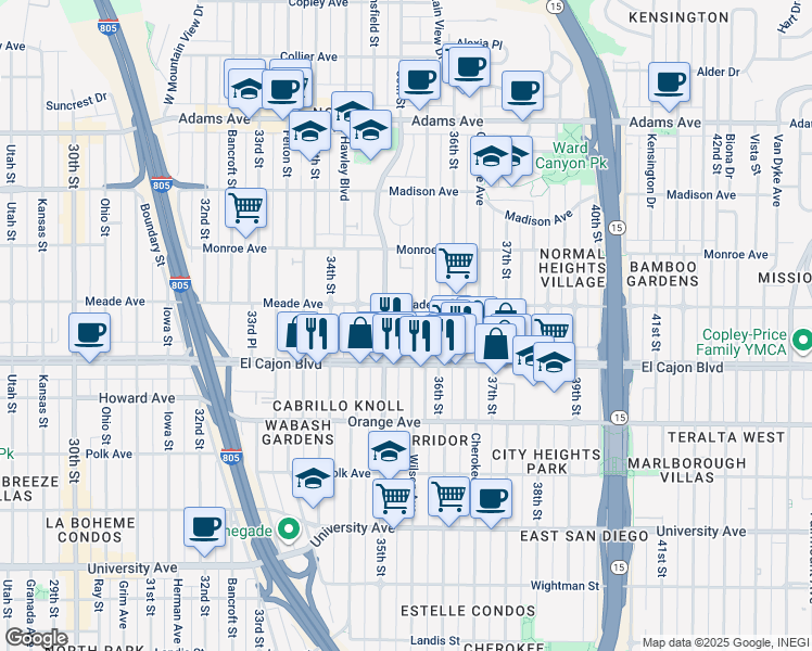 map of restaurants, bars, coffee shops, grocery stores, and more near 4396 Wilson Avenue in San Diego