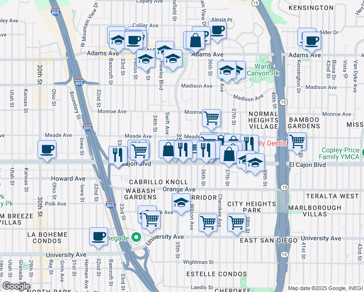 map of restaurants, bars, coffee shops, grocery stores, and more near 4396 Wilson Avenue in San Diego