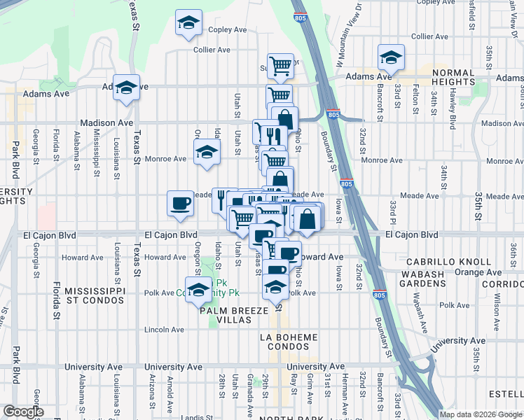 map of restaurants, bars, coffee shops, grocery stores, and more near in San Diego