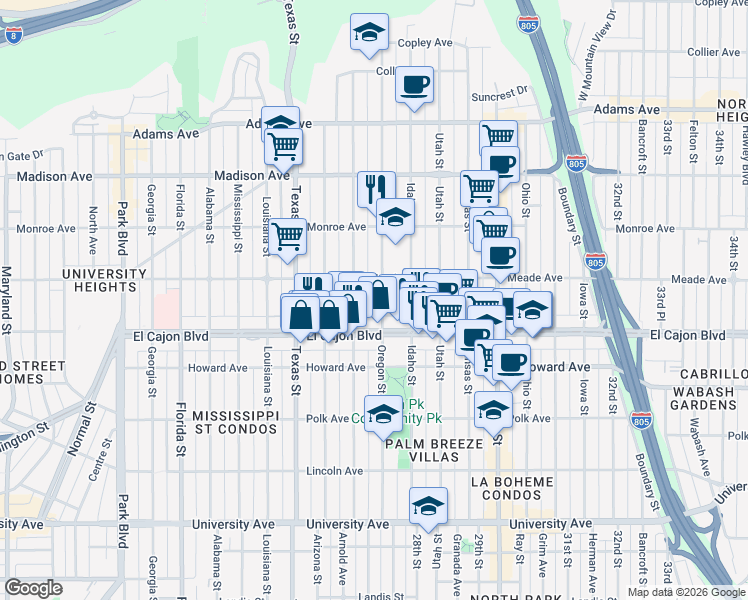 map of restaurants, bars, coffee shops, grocery stores, and more near 2705 Meade Avenue in San Diego