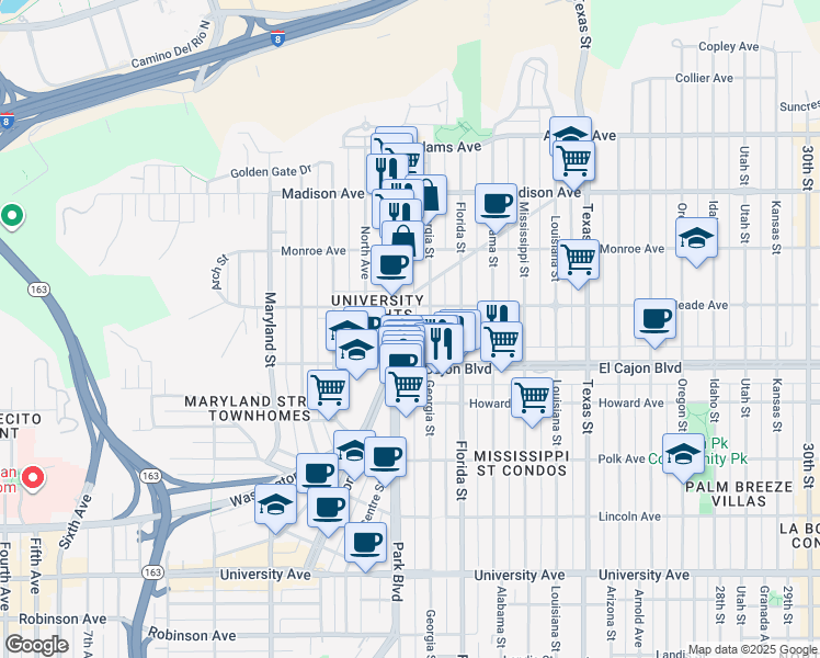 map of restaurants, bars, coffee shops, grocery stores, and more near 1825 Meade Avenue in San Diego