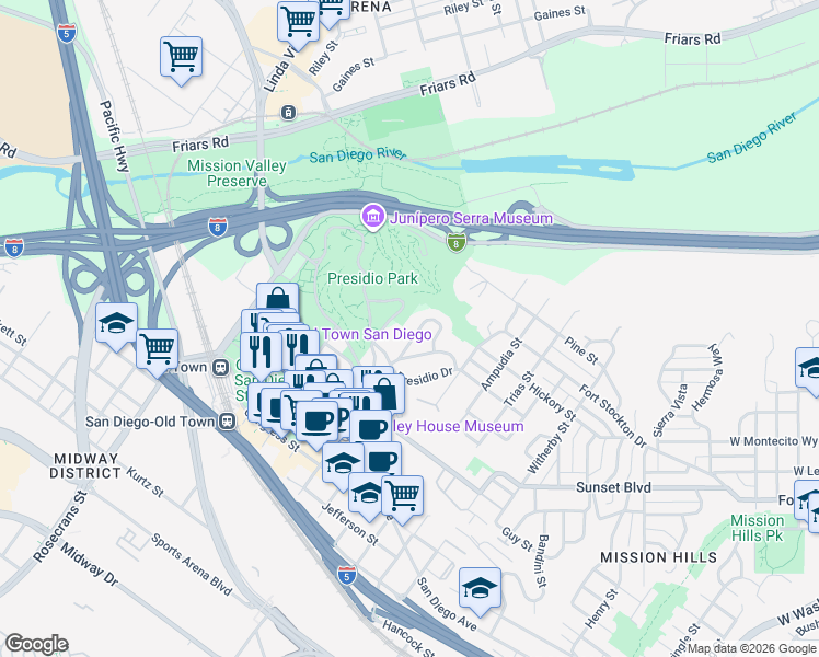 map of restaurants, bars, coffee shops, grocery stores, and more near 4299 Cosoy Way in San Diego