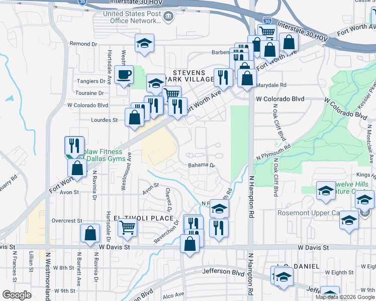 map of restaurants, bars, coffee shops, grocery stores, and more near 2600 Bahama Drive in Dallas