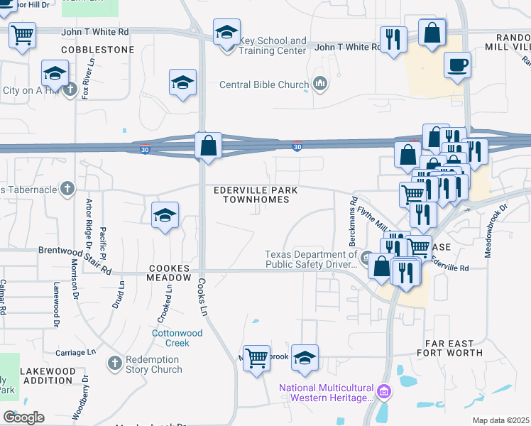 map of restaurants, bars, coffee shops, grocery stores, and more near 8028 Ederville Circle in Fort Worth