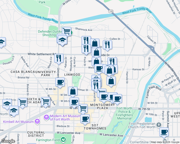 map of restaurants, bars, coffee shops, grocery stores, and more near 2729 Weisenberger Street in Fort Worth