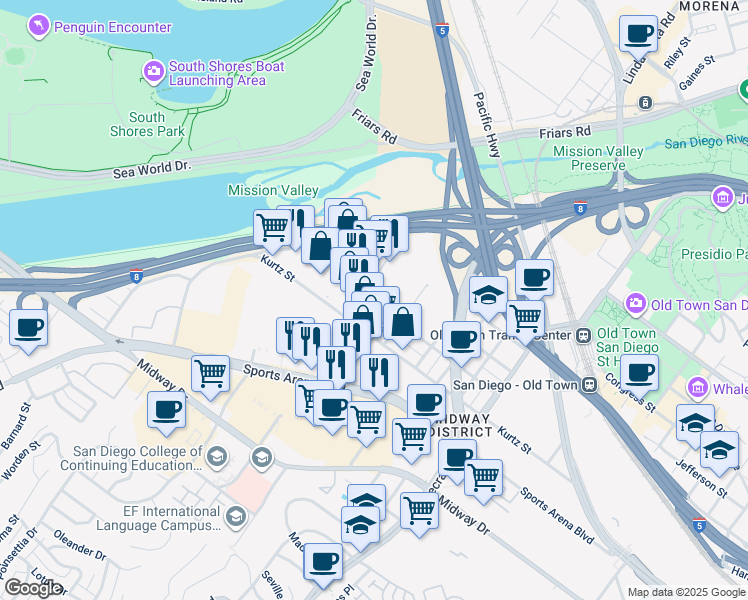 map of restaurants, bars, coffee shops, grocery stores, and more near 3401-3499 Pickett Street in San Diego