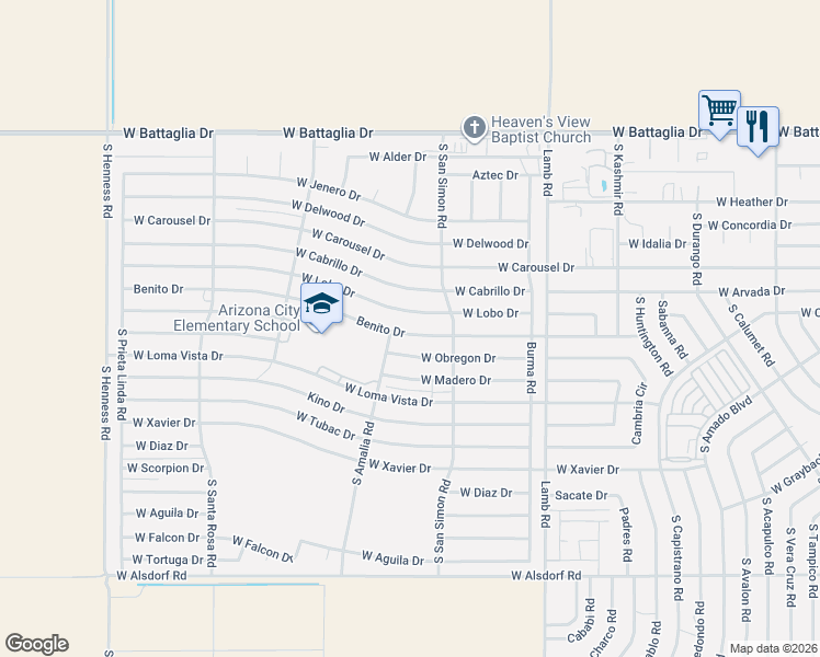map of restaurants, bars, coffee shops, grocery stores, and more near 11679 West Lobo Drive in Arizona City