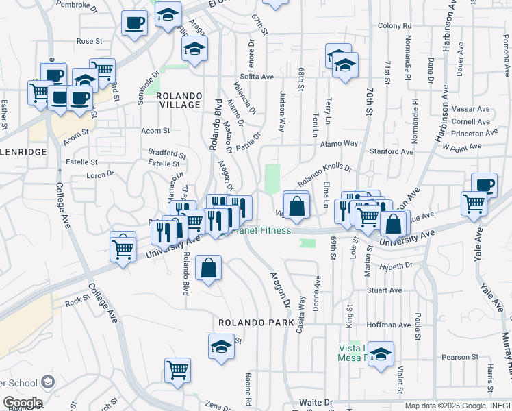 map of restaurants, bars, coffee shops, grocery stores, and more near 4346 Alamo Drive in San Diego