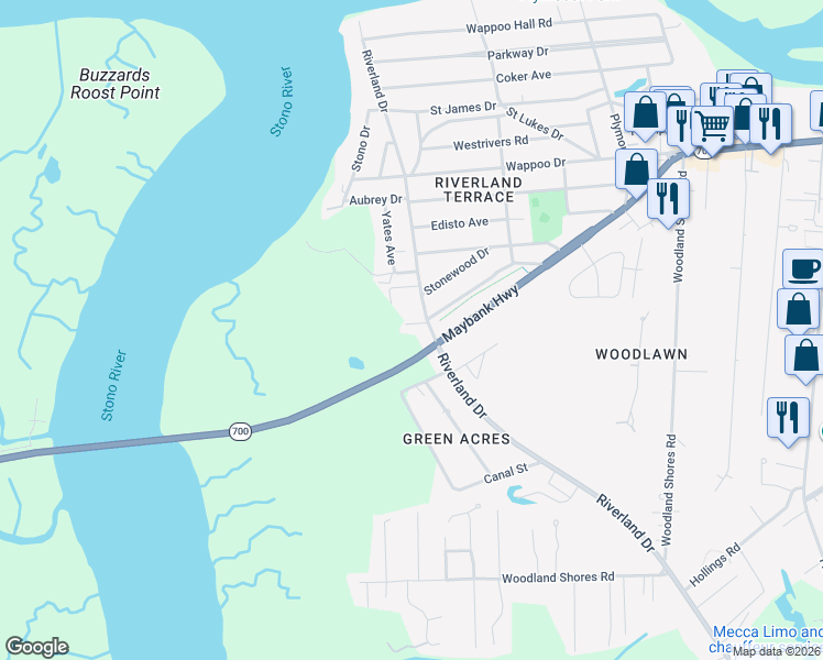 map of restaurants, bars, coffee shops, grocery stores, and more near 338 Ragos Lane in Charleston