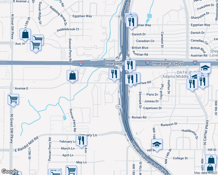 map of restaurants, bars, coffee shops, grocery stores, and more near 1919 West Tarrant Road in Grand Prairie